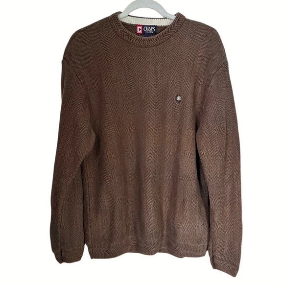Chaps Other - Chaps Men's Sz L Brown Herringbone Embroidered Logo Pullover Crewneck Sweater